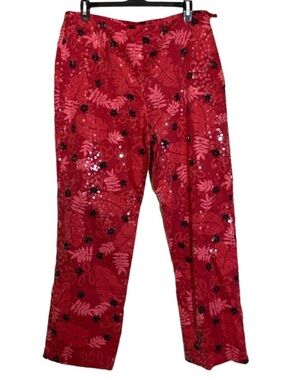 DStudio Red Sequin Floral Pants Lined Sz 2, 9” rise, 28” inseam